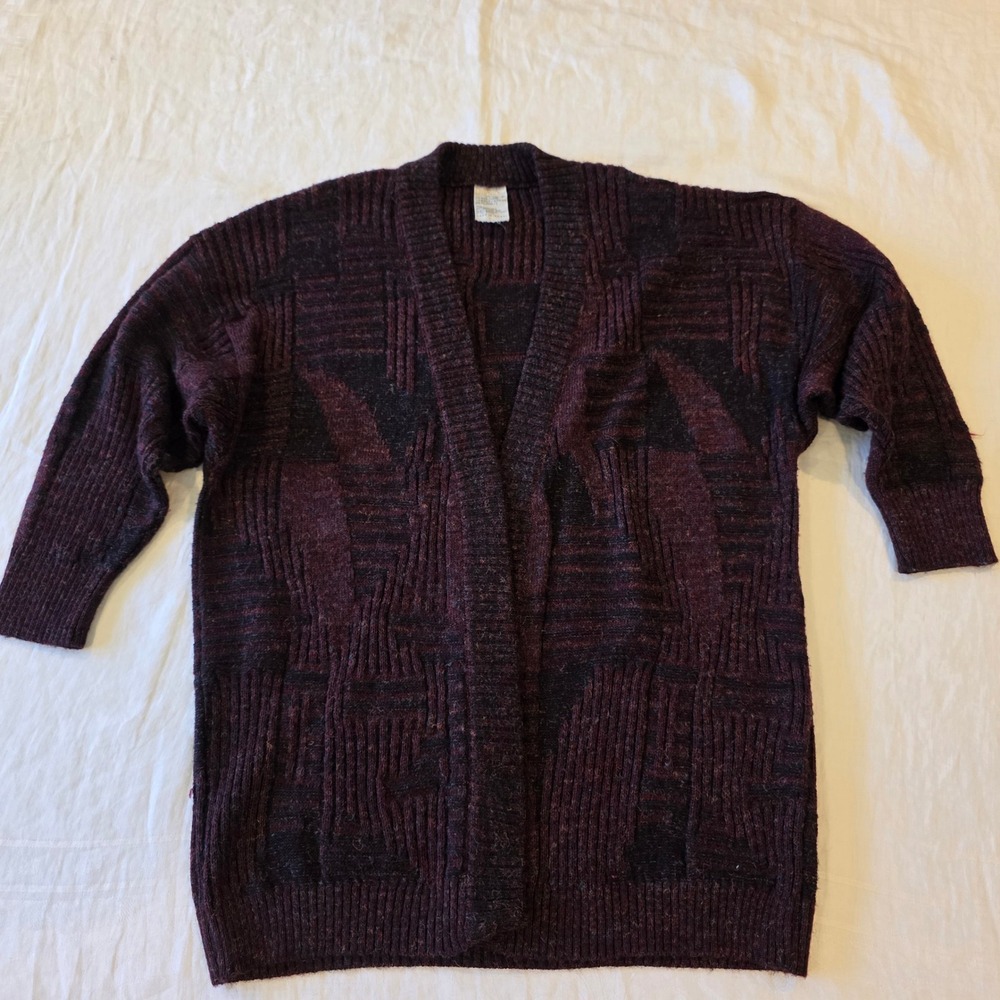 Dorina Vintage‎ Wool Blend Cardigan Sweater Burgundy Black Geometric Israel Made